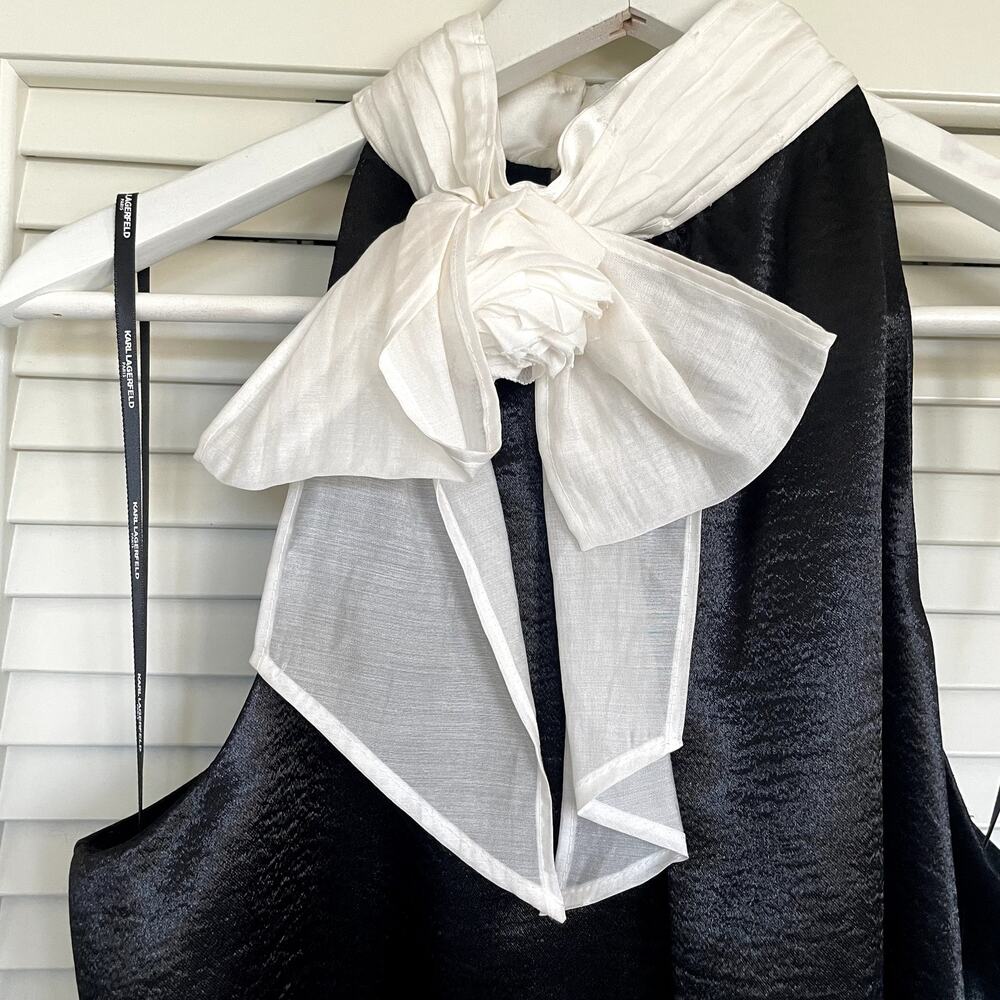 NWT Karl Lagerfield Paris Satin Halter Bow Neck Dress Top Medium Glam Luxury - Picture 7 of 12